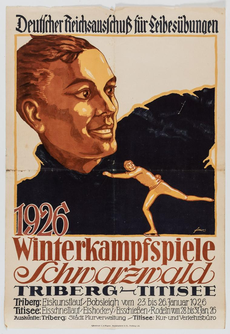 1926 BLACK FOREST WINTER GAMES POSTER: 1926 German poster for the '1926 Winterkampfspiele im Schwarzwald Triberg - Titisee' (1926 Winter Combat Games Black Forest). Offsetdruck by C.A.Wagner, Freiburg im Breisgau. Artist unknown. 17 x 25 i