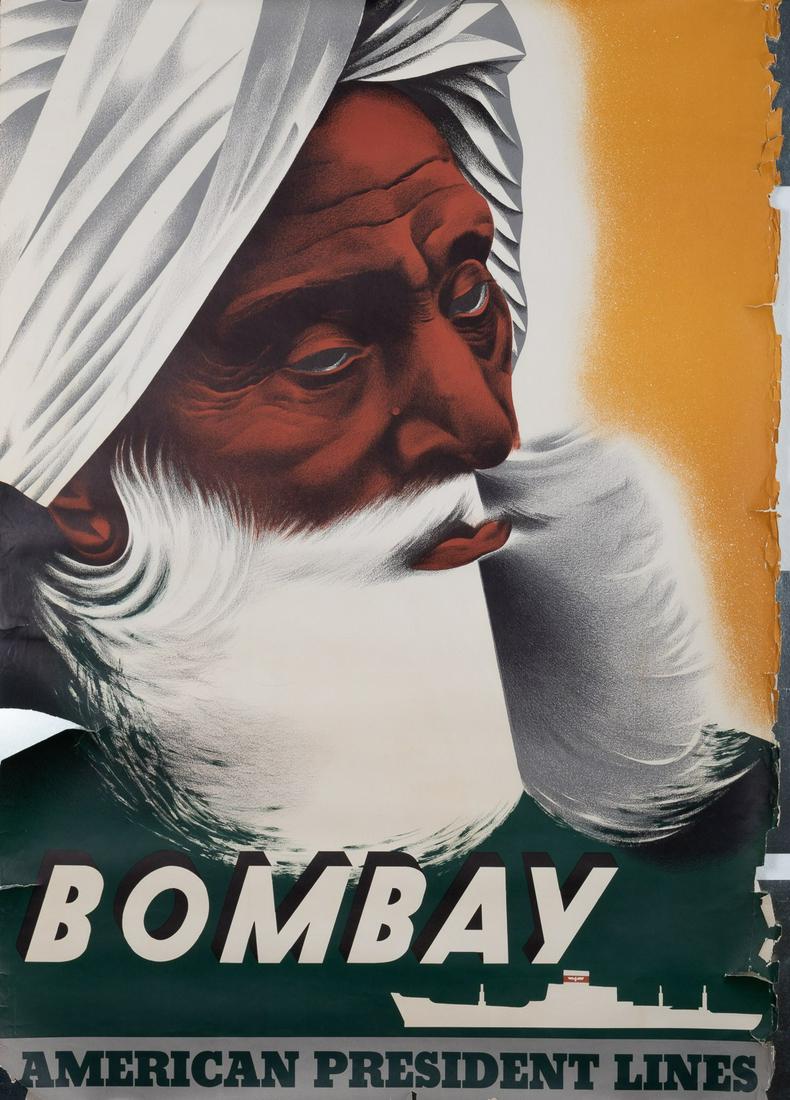 BOMBAY INDIA TRAVEL POSTER: Bombay, India travel poster by American Presidential Lines. 40 x 28 inches. Poster has damage on edges, 4-inch tear on left side, with old tape repair on back. Estimated accordingly. Worthy of restora