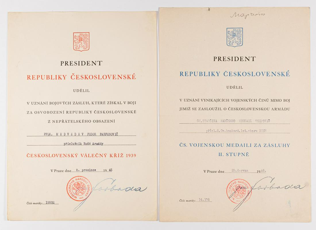 WWII CZECH AWARDS TO RED ARMY SOLDIERS (2): Award citations issued to Red Army personnel by the President of the Czechoslovakian Republic Ludwig Svoboda. 1939 'Medal for Bravery' was given to PPLK Fedor Parfenovic Medvedev. Timoshenko, while th