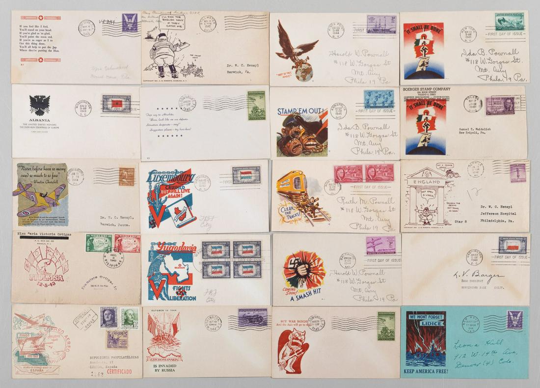 WWII PATRIOTIC ANTI-HITLER PROPAGANDA COVERS (20): Lot of twenty WWII American covers with anti-axis and patriotic cachets, all postally used. Includes well-known themes such as 'Stamp 'Em Out', 'Czechoslovakia Is Invaded By Russia', 'We Won't Forget