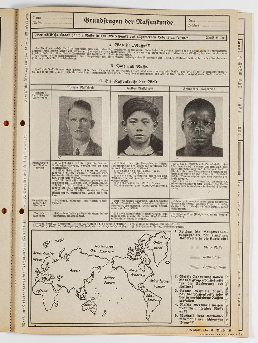 GERMAN ANTISEMITIC RACIAL SCIENCE SCHOOL WORKBOOK: Antisemitic German school book for middle school children, 'Worksheets for Reichskunde', dated 1941, 24 pages, perforated pages to be removed for class work, lined on the verso for student work. Inten
