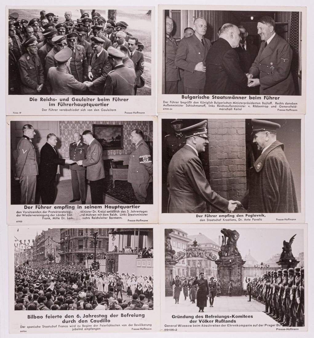 HITLER & DIGNITARIES HOFFMANN PROPAGANDA PHOTOS (11): Eleven original 5 x 7 in. b/w glossy Propagandakompanie photographs published by Heinrich Hoffmann. Photos show Hitler, Bormann, General Wlassow, Franco, Subhas Chandra Bose, Ante Pavelic, Japanese, B