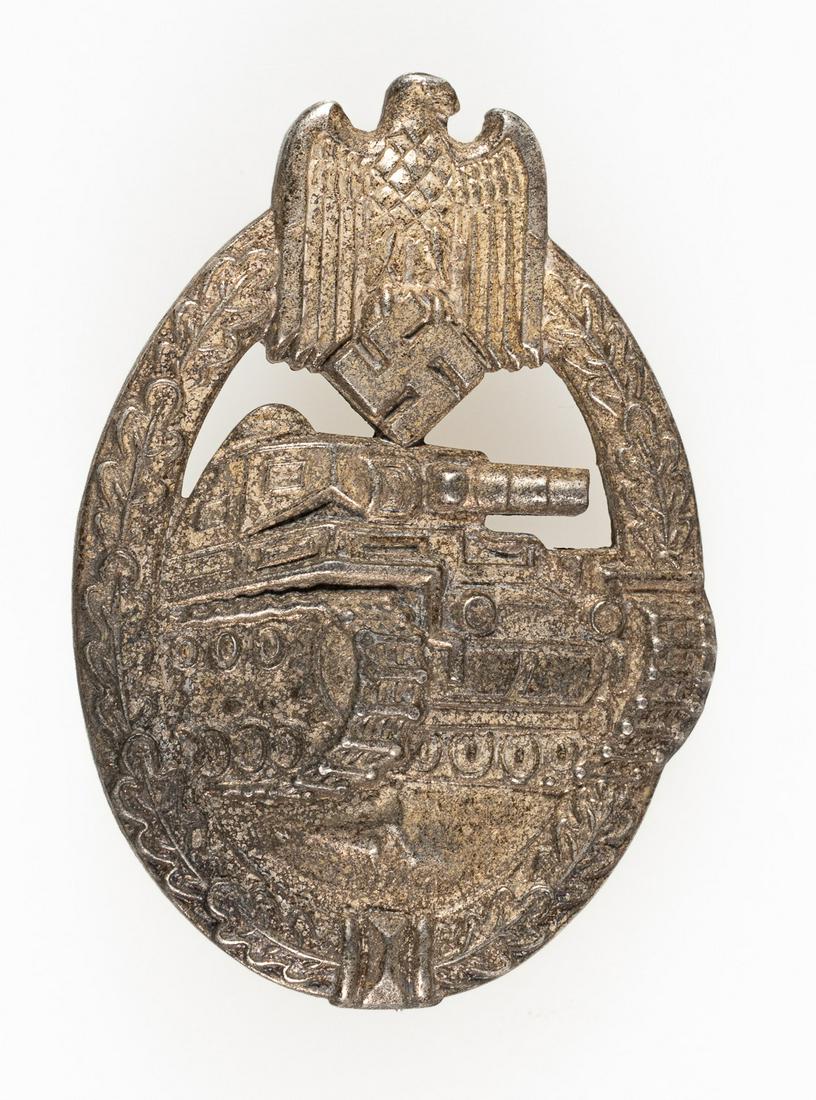 PANZER ASSAULT BADGE SILVER SOUVAL: Panzerkampfabzeichen Panzer Assault Badge in Silver by Souval. Vertical pin on reverse and marked with the initials 'R.S.' for Rudolf Souval.