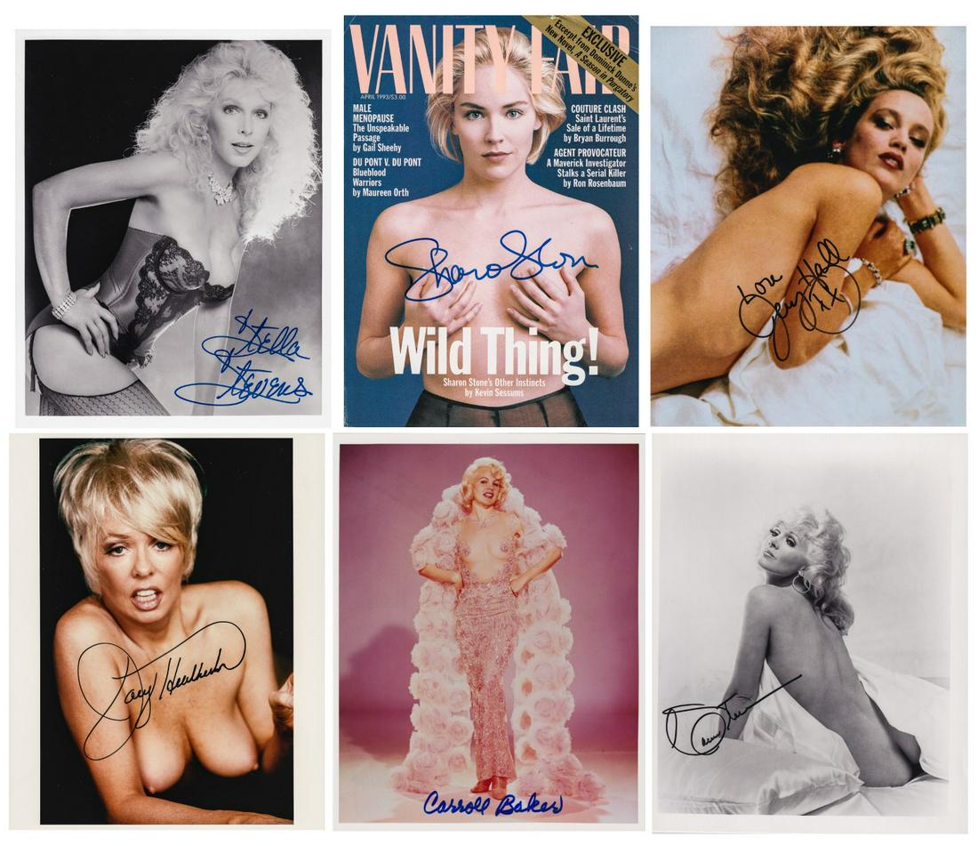 FILM STARS AND STARLETS (6): Good lot of six signed 8 x 10 photographs of beautiful Hollywood actresses and adult film stars including SHARON STONE (signed cover of Vanity Fair), JERRY HALL, CARROL BAKER, CONNIE STEVENS, STELLA S