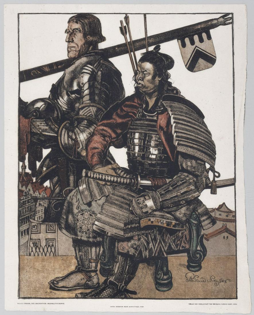 ROLAND STRASSER TWO DRAGON SLAYERS LITHOGRAPH: Original color lithograph on handmade paper titled 'Two Dragon Slayers' (Zwei Drachentoeter) by Roland Strasser (1895-1974). The painting, signed in print, shows a samurai and a German knight with Ger