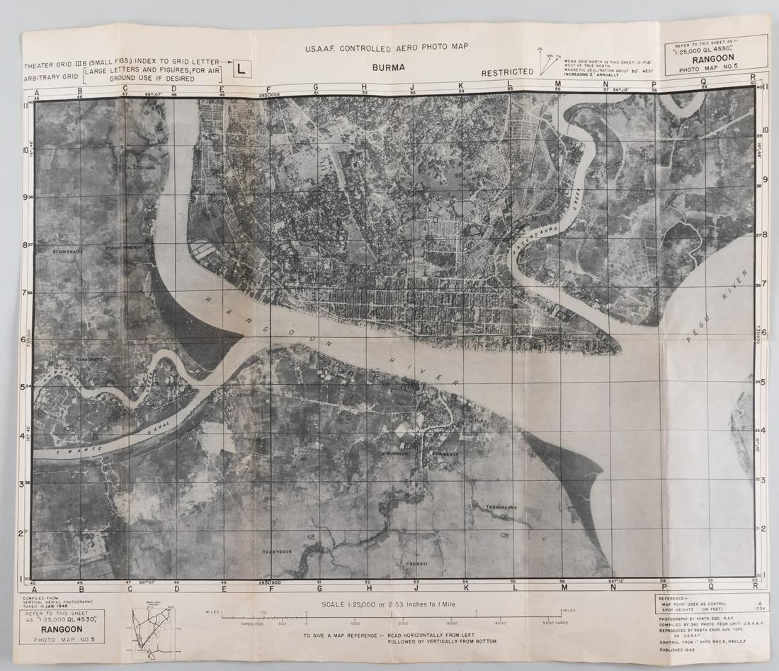 WWII RESTRICTED RANGOON BURMA MAP: Restricted USAAF controlled aero photo map of Rangoon, Burma (now modern-day Myanmar). Compiled from aerial photographs taken in January 1945. Photomap number 5. Sheet QL 4530. 19 x 22 inches. Usual m