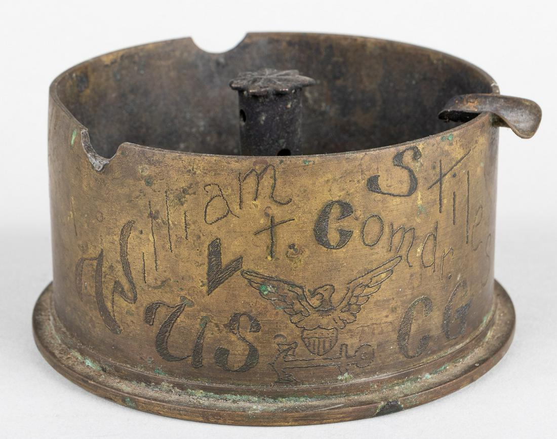 NAMED WWII SHELL ASHTRAY USS SAMUEL CHASE: Named WWII soldier's trench art ashtray made from a discarded MK7 50 caliber shell, engraved around the outside showing the journey of a U.S. Coast Guard in the Pacific Theater. Engraved is 'Lt. Comdr
