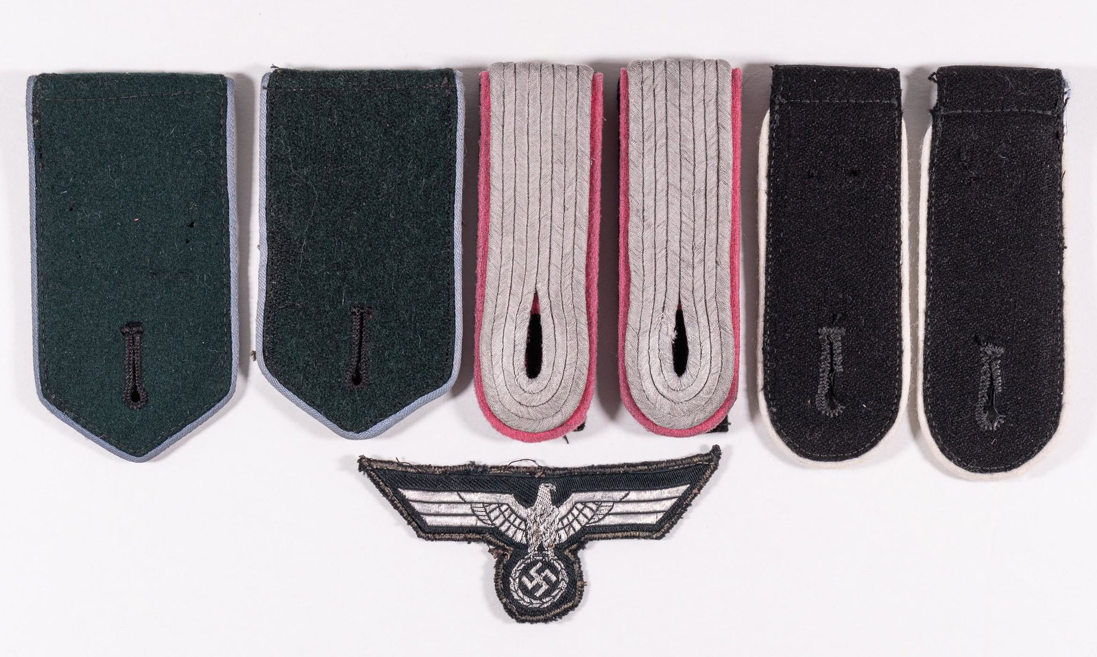 GERMAN WWII SHOULDER BOARDS (7): Three pairs of German WWII shoulder boards and one Wehrmacht Heer breast eagle.