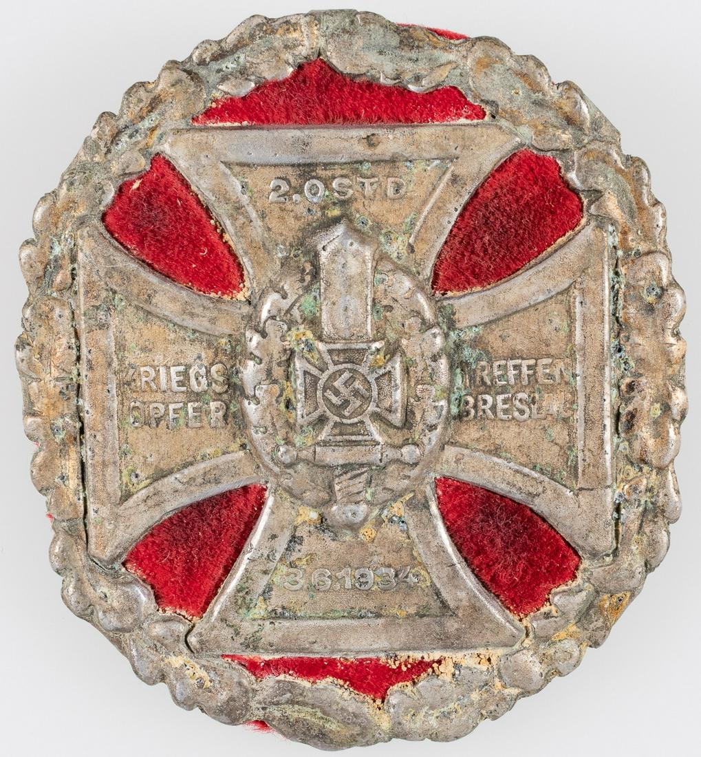 GERMAN WWII WAR VICTIMS BRESLAU BADGE KRIEGSOPFER: Nazi Germany badge for war victims meeting in Breslau, Germany. Obverse also has two Iron Crosses, one with a swastika in the center with a dagger and oak leaf wreath. Obverse of badge, '2. OSTD. Krie