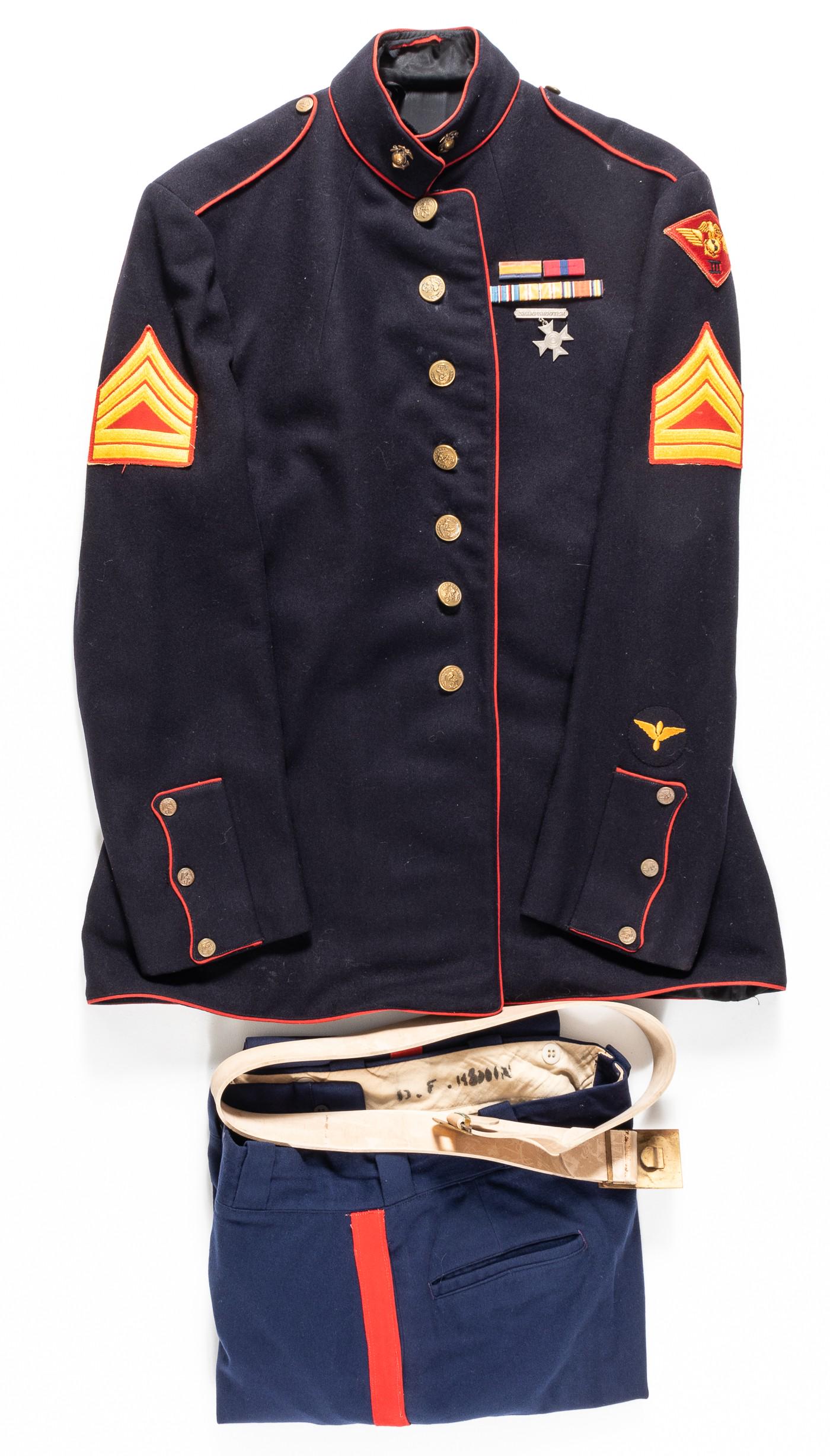 WWII USMC DRESS UNIFORM: Three-piece U.S. Marine Corps dress uniform with jacket, pants, and belt. The jacket has 3rd Air Marine Wing patch, Technical Supply Sargeant patch, Aviation Cadet patch, Presidential Unit ribbon bar,