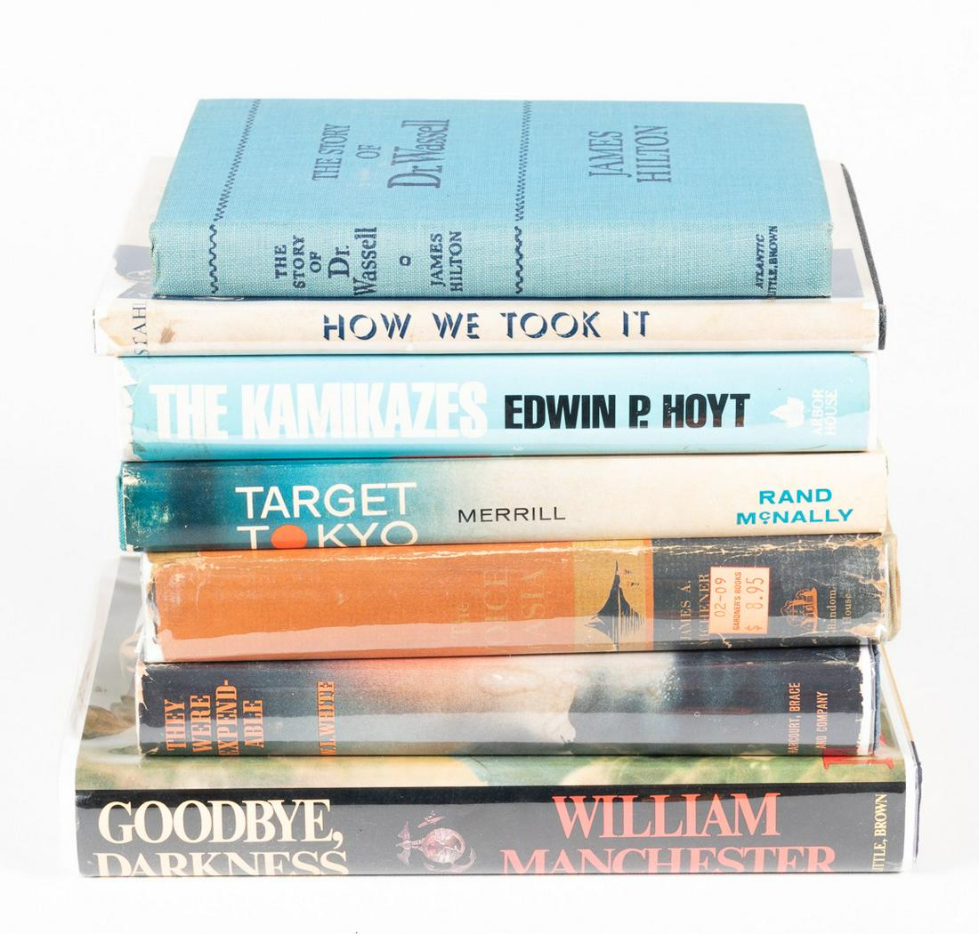 WWII PACIFIC THEATER BOOKS (7): Lot of seven books about the Pacific Theater: 1. 'The Story of Dr. Wassell', by James Hilton, Little, Brown and Company, 1943, 158 pages, cloth-covered hardback, signed by C.M. Wassell, 'Mrs. A.O. Ols