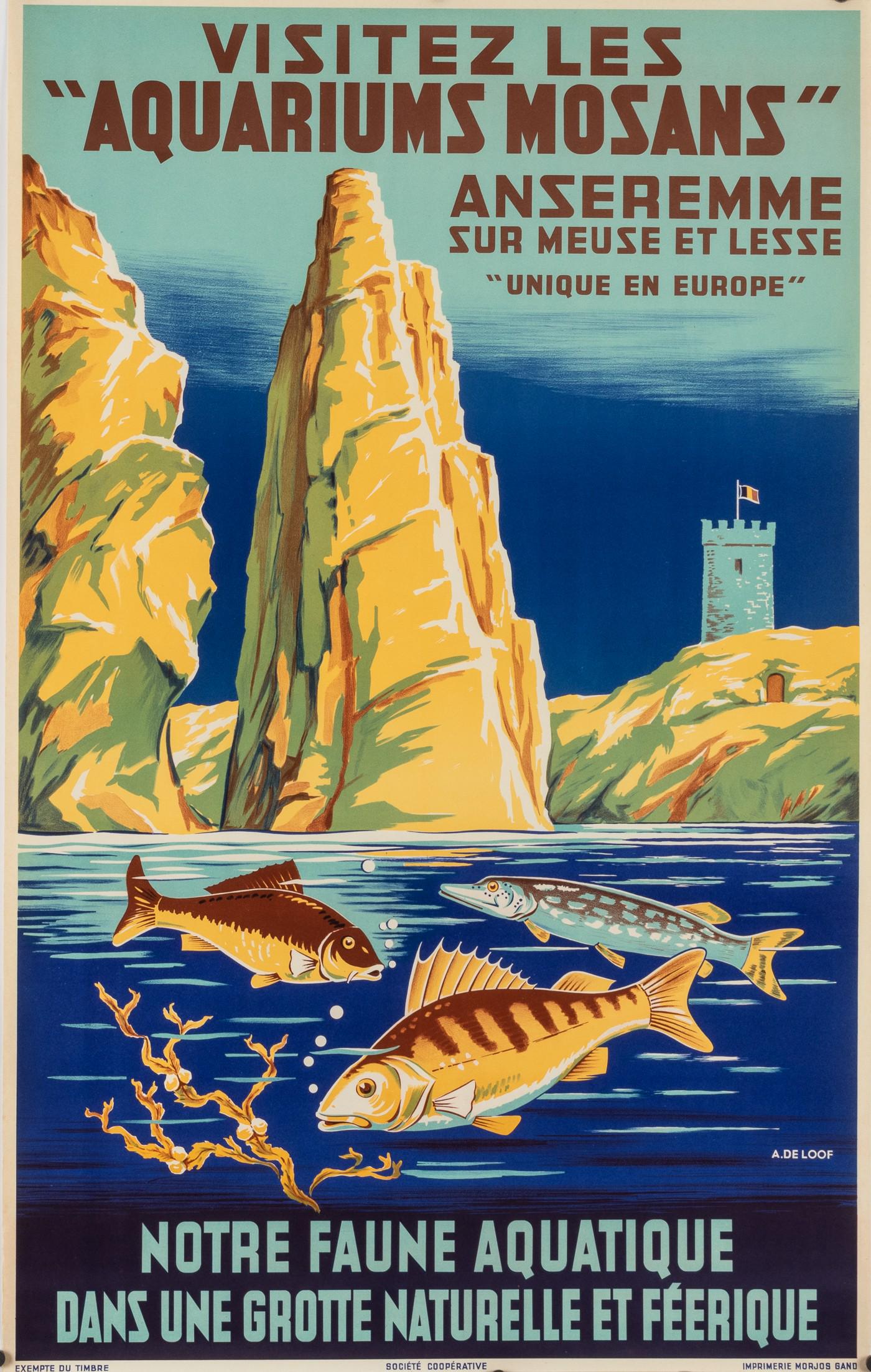 VISITEZ LES AQUARIUM MOSANS TRAVEL POSTER: Original 1930's Belgian travel destination poster promoting the 'Aquariums Mosans' in the town of Anseremme in Belgium, famous for its Grotto which has multiple types of fish. Designed by Aurel De Loo
