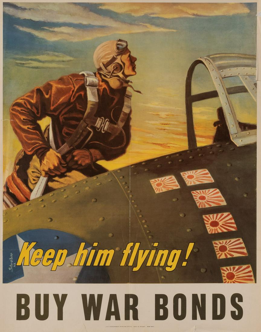 KEEP HIM FLYING WAR BONDS POSTER: Keep him flying! Buy War Bonds', artwork by Georges Schreiber, (1904-1977), U.S. Government Printing Office, 1943-O-507063, 28 x 22 inches. Folds, 1-inch tear at bottom edge, minor splits, minor loss