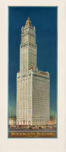 WOOLWORTH BUILDING NEW YORK CITY POSTER: Scarce poster most likely printed as a souvenir for the 1913 opening of architect Cass Gilbert's skyscraper, the Woolworth Building located at 233 Broadway in lower Manhattan. 15 x 35.5 inches. Minor