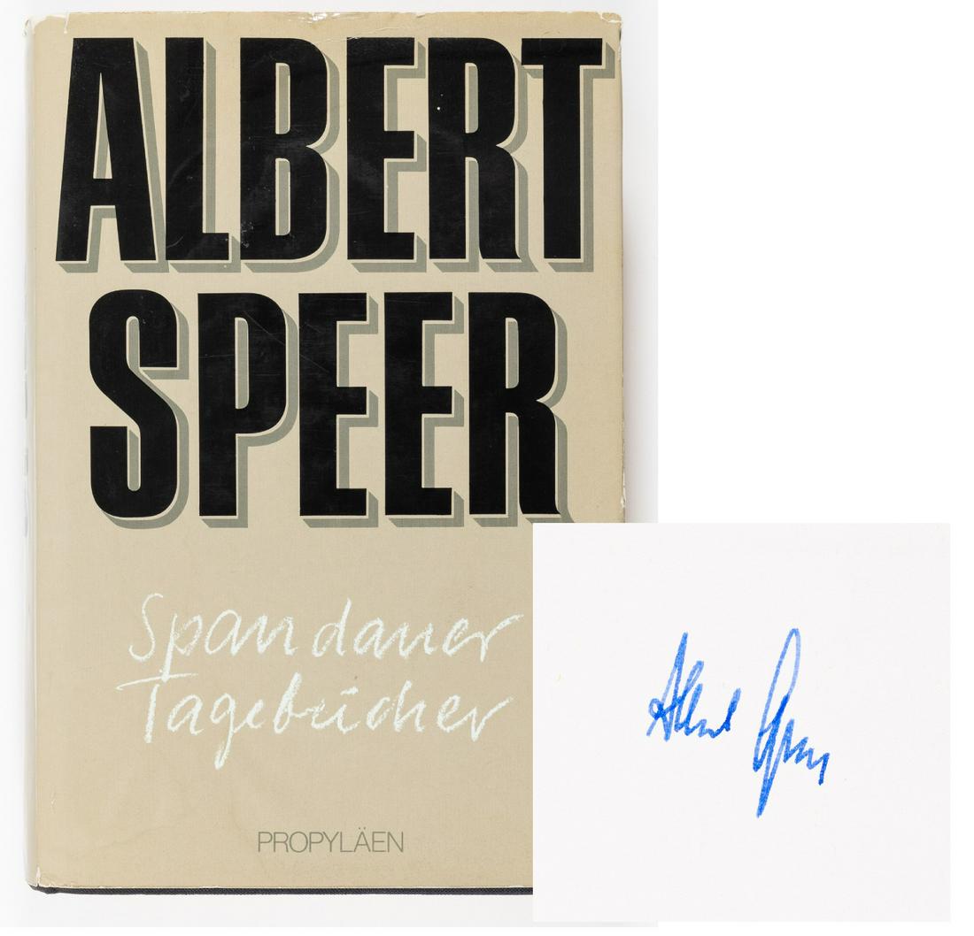ALBERT SPEER SIGNED BOOK: (1905-1981) Adolf Hitler's personal chief architect and minister for armaments and war production. His book Spandauer Tagebucher, 1975, Ullstein Verlag, 671 pages, signed in blue ink on the front flyl
