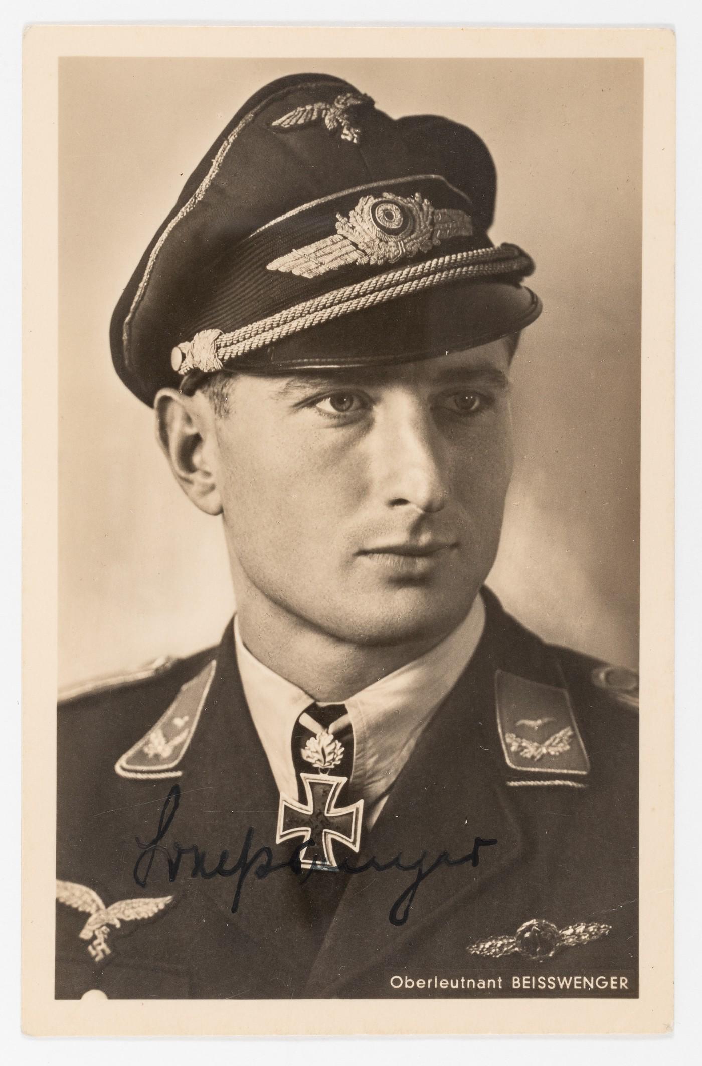 HANS BEISSWENGER: (1916-1943) German Luftwaffe fighter ace, Oberleutnant Jagdgeschwader 54, recipient of the Knight's Cross of the Iron Cross with Oak Leaves. Reported as missing in action in March 1943 over Russia. Si
