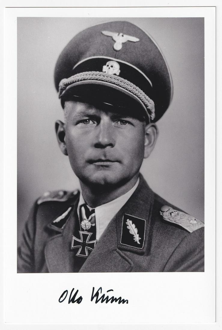 OTTO KUMM: (1909 - 2004) SS-Brigadefuhrer and Generalmajor der Waffen-SS. Recipient of the Knight's Cross of the Iron Cross with Oak Leaves and Swords. Signed black and white photograph, 5.75 x 4 inches.