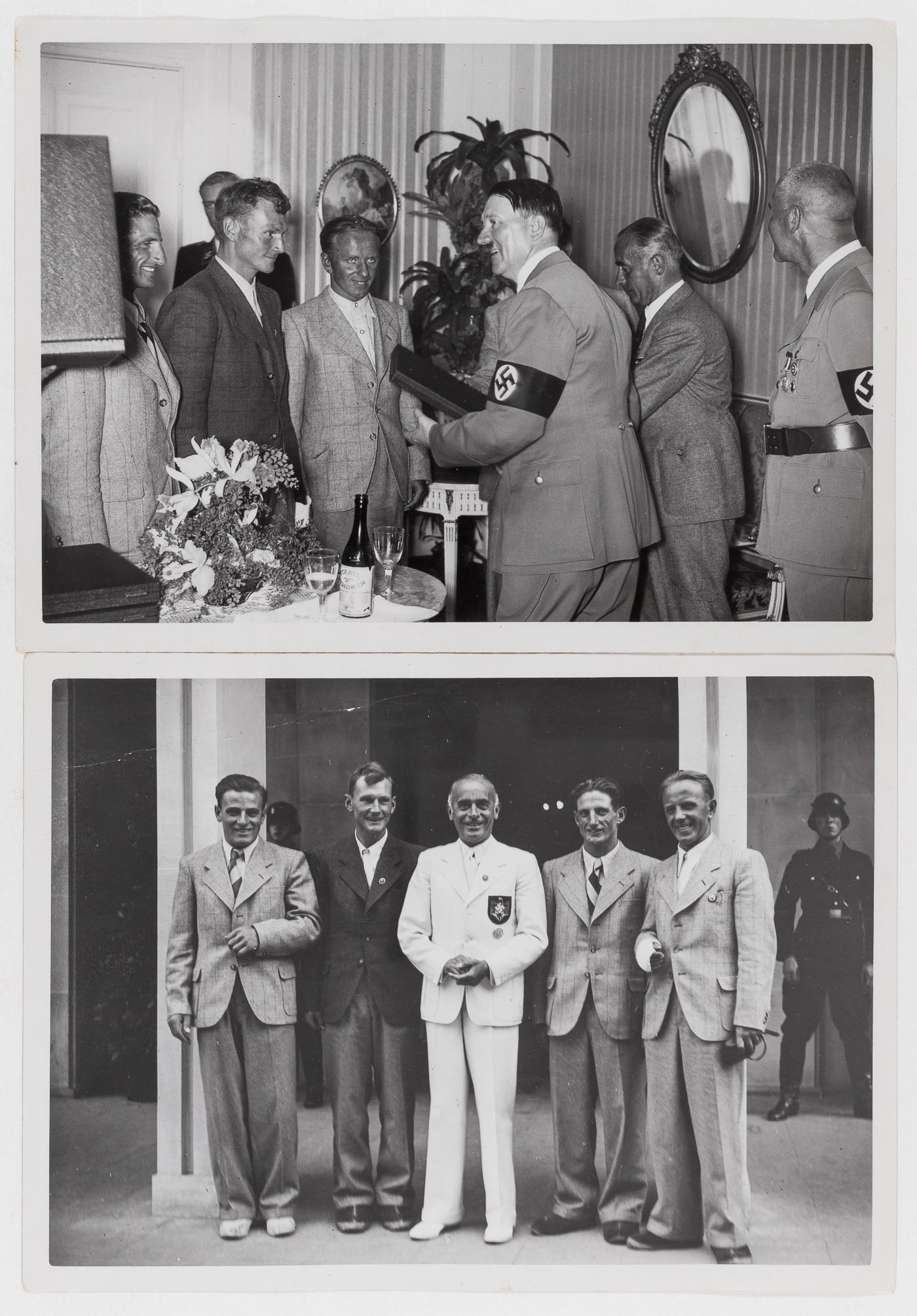 ADOLF HITLER AND ANDERL HECKMAIR (2): Two Heinrich Hoffmann photographs, 5 x 7 in., picturing Hitler during a reception with the alpinists Andreas 'Anderl' Heckmair, Heinrich Harrer, Ludwig Voerg and Fritz Kasparek after their ascent of t