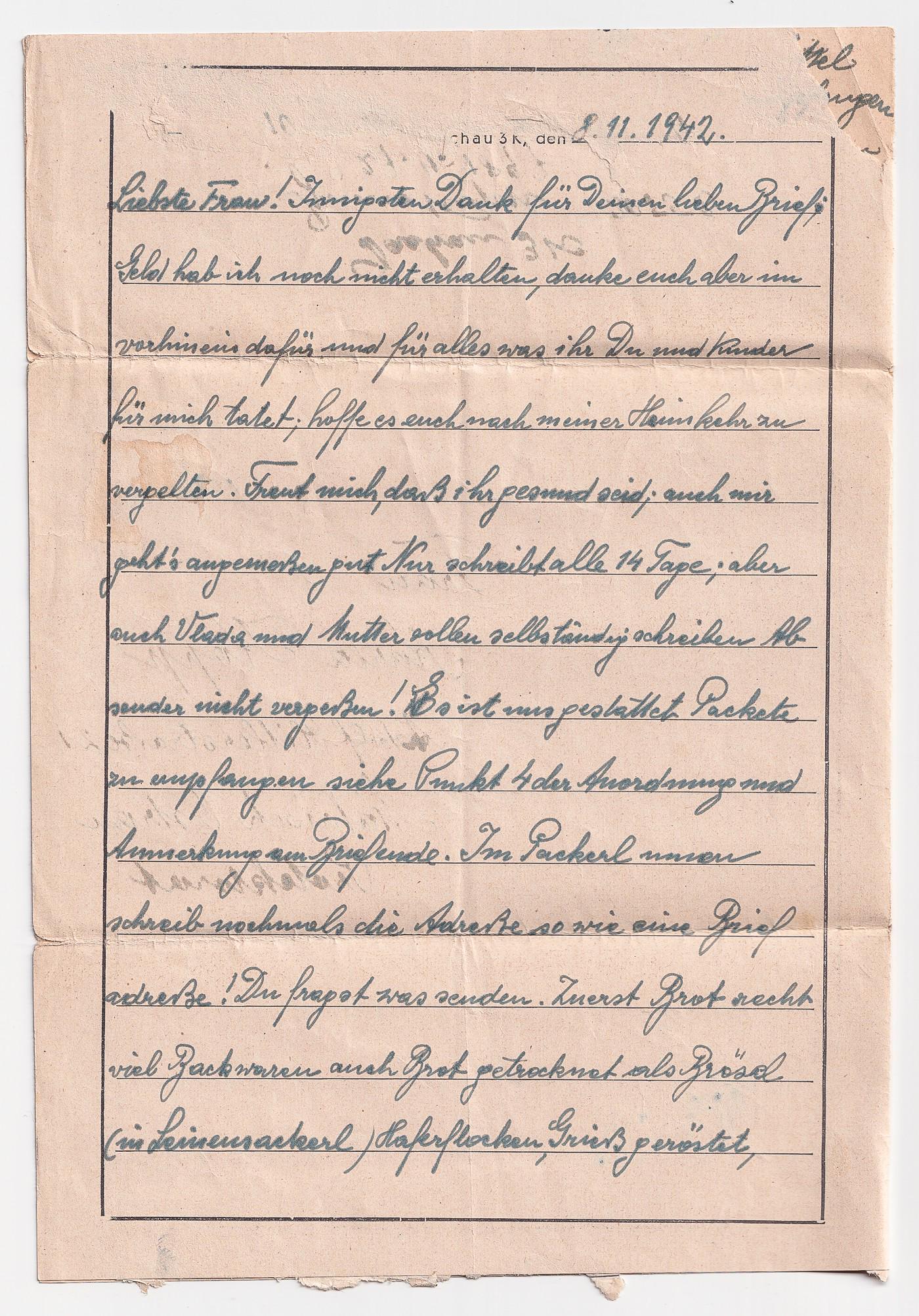 KL DACHAU CONCENTRATION CAMP PRISONER'S LETTER: Letter from Czech prisoner Bruno Kopp (b. 27.4.1897) at Dachau concentration camp. Kopp, prisoner number 20552, arrived at Dachau on a transport on 16. October 1940. Four page letter, dated 8.11.1942,