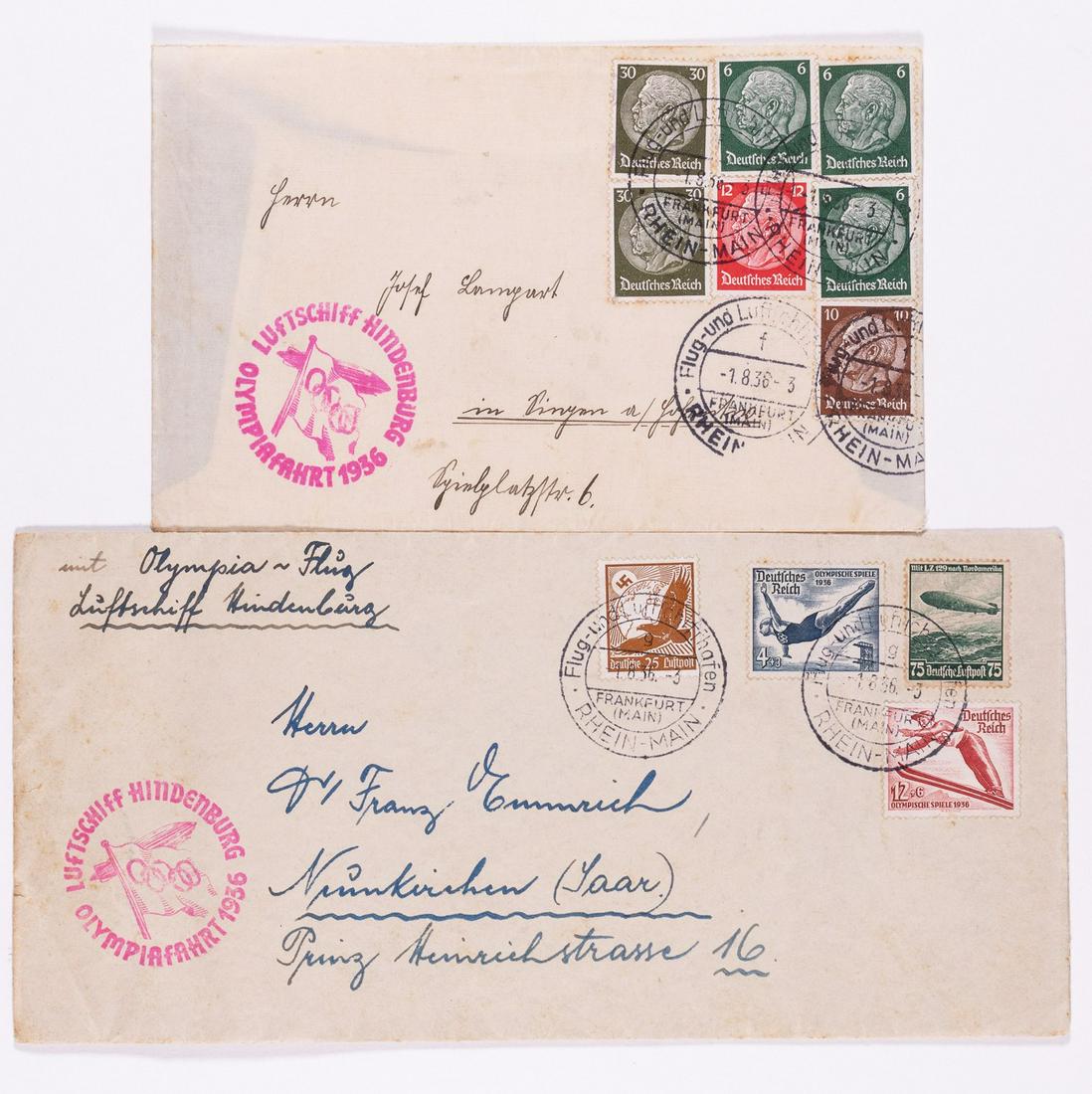 HINDENBURG LZ129 OLYMPIC FLOWN COVERS (2): 1936 Olympic Flight - On 1 August 1936, the Hindenburg (LZ-129) made a round-trip flight from Frankfurt over the grounds of the 1936 Summer Olympics. The flight carried over 100,000 pieces of mail. Ca