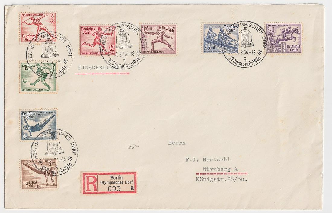 OLYMPIC STAMP COVERS (2): Lot of two covers with cancelled 1936 Berlin Olympic Games stamps. Dated 16. August 1936. Each stamp is a vignette of an athlete competing in an Olympic sport. Each cover is ink stamped showing a bell