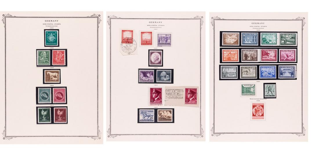 WWII THIRD REICH STAMPS (33): Lot of three sheets totaling 33 stamps from the Deutsche Reichspost. The stamps show portraits of Adolf Hitler, RAD, Hitler Youth, famous artworks including a Nautilus Goblet, and scenic depictions of