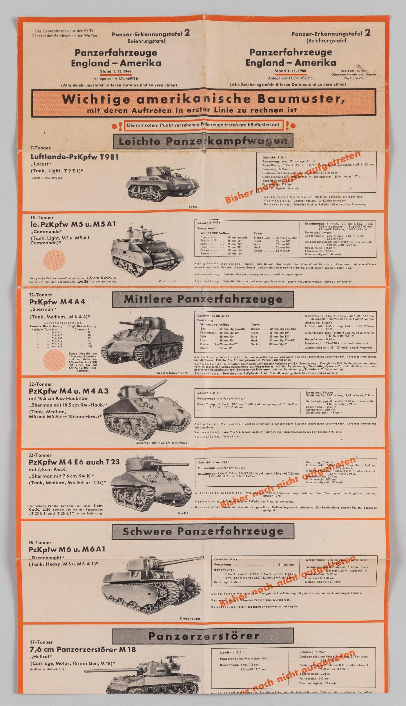 WWII GERMAN AMERICAN TANK IDENTIFICATION CHART: WWII Germany identification chart of American tanks and armored vehicles. The chart identifies 33 types of tanks with statistics on each vehicle. Dated 1.11. 1944, 34 x 11.5 inches, folds.