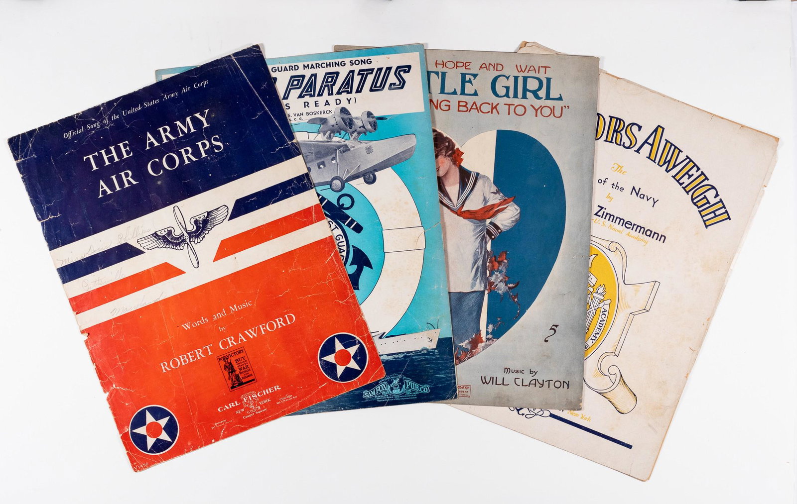 US MILITARY SHEET MUSIC (4): Lot of four U.S. military sheet music books for the Army Air Corps, the US Navy, and the US Coast Guard. Included is one songbook titled, 'Watch Hope and Wait Little Girl 'I'm Coming Back to You''. So