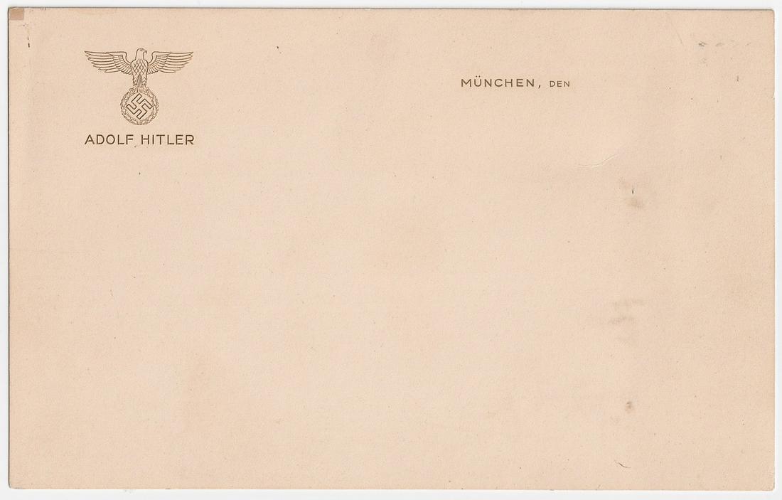 ADOLF HITLER STATIONARY: Official notecard stationary from the desk of Adolf Hitler's Munich office at the Brown House. Printed in the upper left corner is the German Reichsadler clutching an oakleaf wreath with a mobile swas