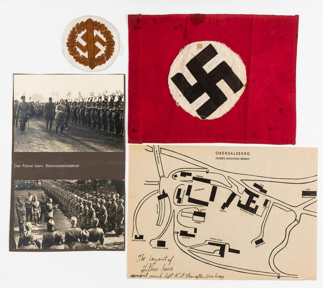 U.S. VETERAN WWII GERMAN BRINGBACKS (4): Lot of four WWII German items, brought back by an American soldier including two photos of Hitler with members of the RAD on an album sheet, a small Nazi Germany flag, a SA Sports patch, and a printed