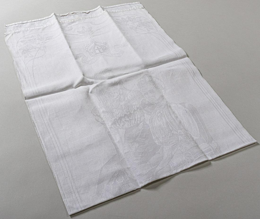 GERMAN IMPERIAL TABLE CLOTH: German imperial damask table cloth with the woven image of Augusta Victoria, Empress and Queen of Prussia, with her daughter Princess Victoria Louise of Prussia. The figures are above the embroidered 