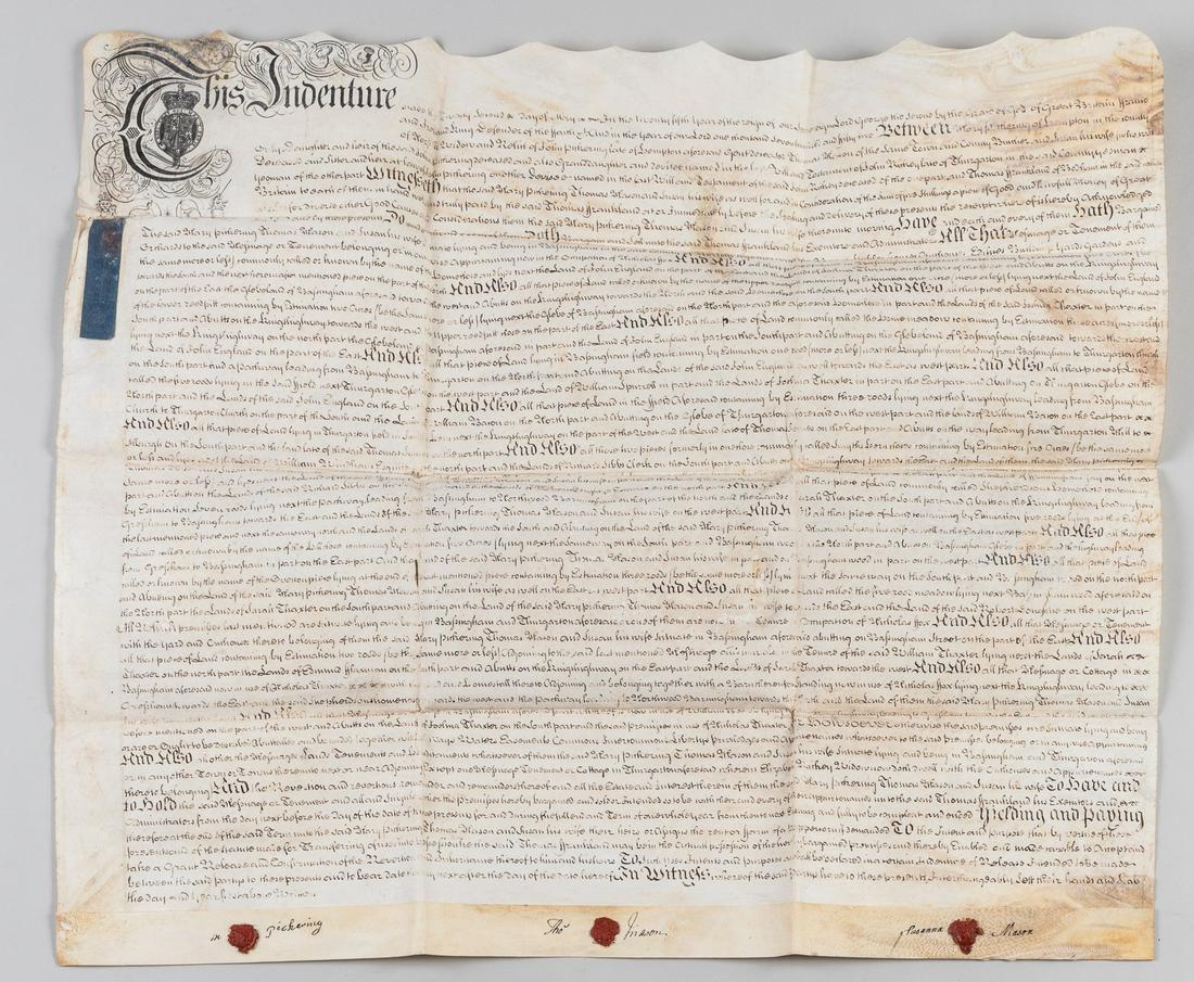 1752 BRITISH INDENTURE: British indenture from 1752 from Mary Pinkering to Thomas Frankland, featuring three wax seals at bottom edge, 25.5 x 29.75 inches. The lease describes the provisions and areas which are subject to le