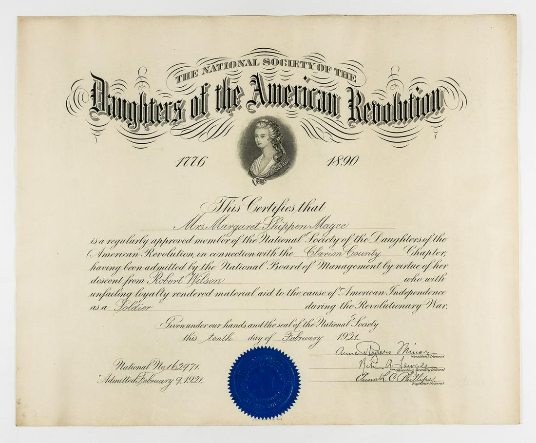 DAUGHTERS OF AMERICAN REVOLUTION CERTIFICATE: Certificate for Mrs. Margaret Shippen Magee as a registered member of the Daughters of the American Revolution Society. The certificate claims she is a descendant of Robert Wilson, a soldier during th