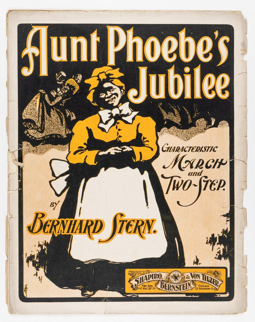 BLACK AMERICANA SHEET MUSIC: Music book titled 'Aunt Phoebe's Jubilee', by Bernhard Stern, published by Shapiro, Bernstein, and von Tilzer showing a smiling older African-American woman with a younger African-American couple in t