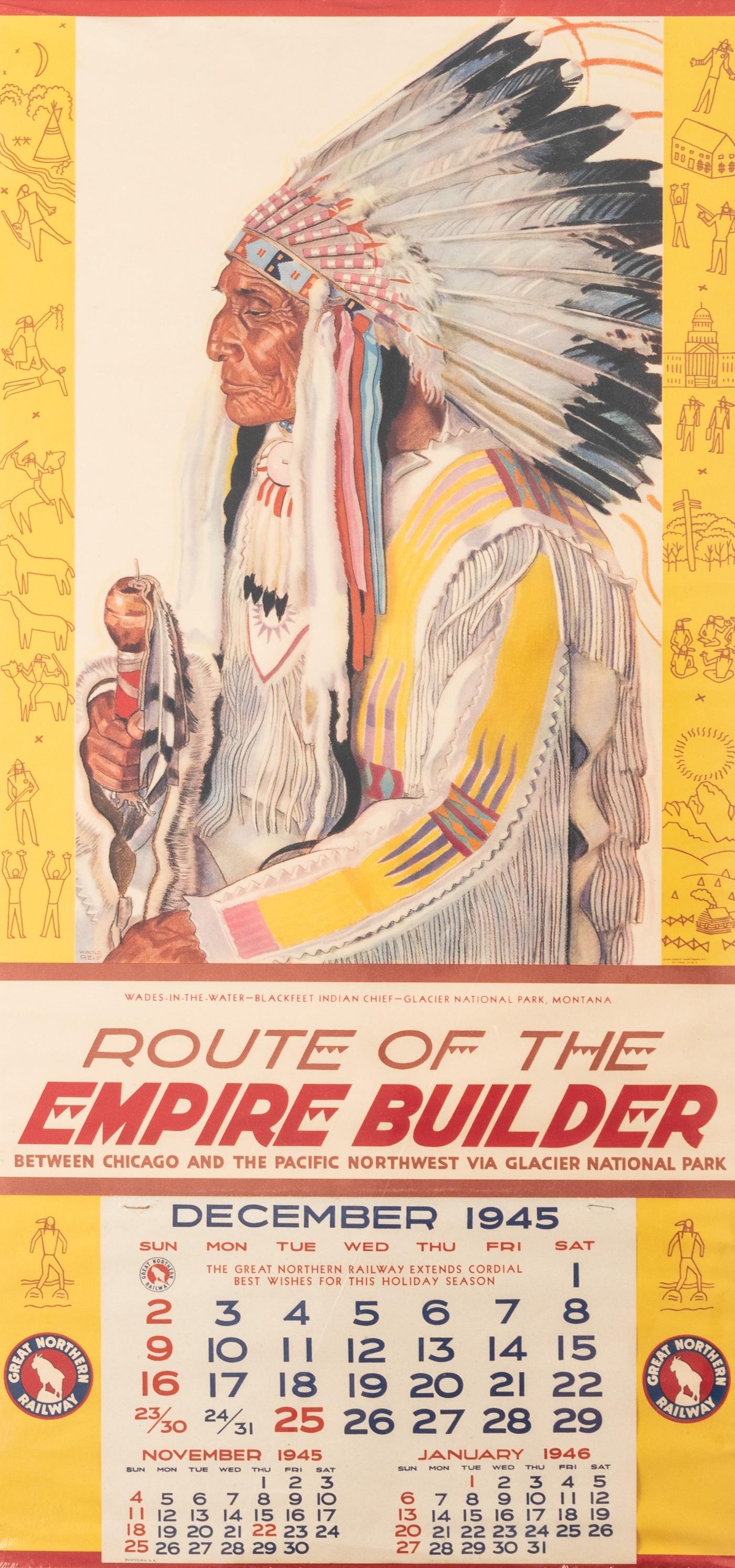 WINOLD REISS GREAT NORTHERN RAILWAY CALENDAR: Calendar page made for the Great Northern Railway of Blackfeet Indian Chief Wades-in-the-Water. Portrait of Wades-in-the-Water was done by Winold Reiss, (1886-1953). Made in 1945, the portrait is flan