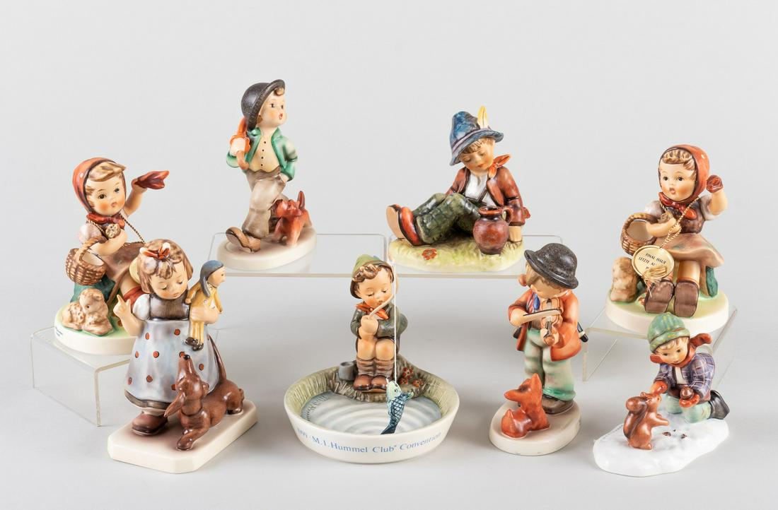 8 GOEBEL HUMMEL FIGURINES: Eight Goebel Hummel figurines, including 'Puppy Love #997', 'Strolling Along #988', two 'Farewell #936', 'Just Fishing', 'Behave #778', 'Playful Pals #1332', and Western Germany 'Coffee Break #470'. '