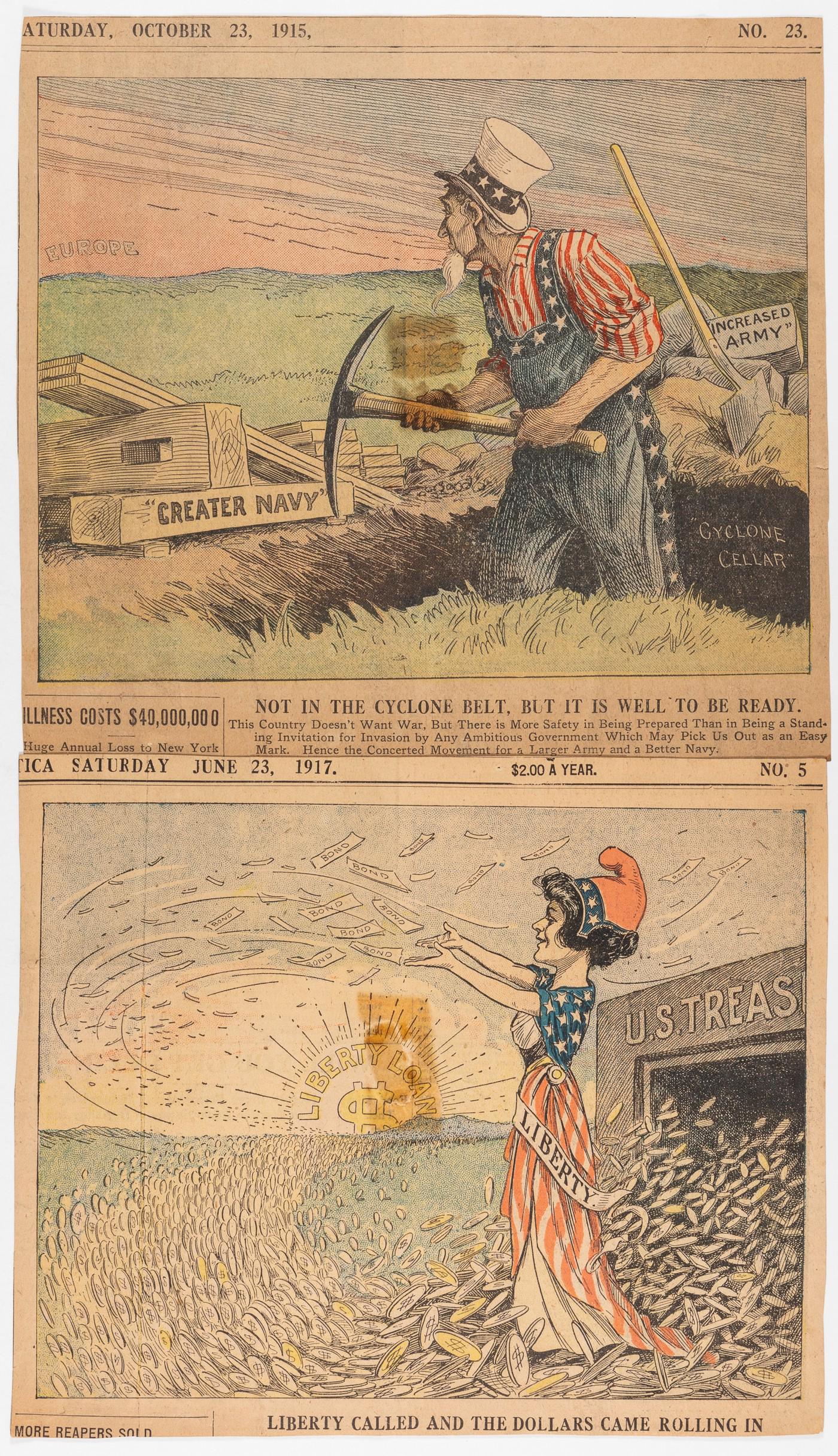 WWI UNCLE SAM CARTOONS (2): 'Not in the Cyclone Belt, But It Is Well to be Ready', color cartoon of Uncle Sam looking off to the distance at an encroaching Europe. 'Liberty Called and the Dollars Came Rolling In', color cartoon