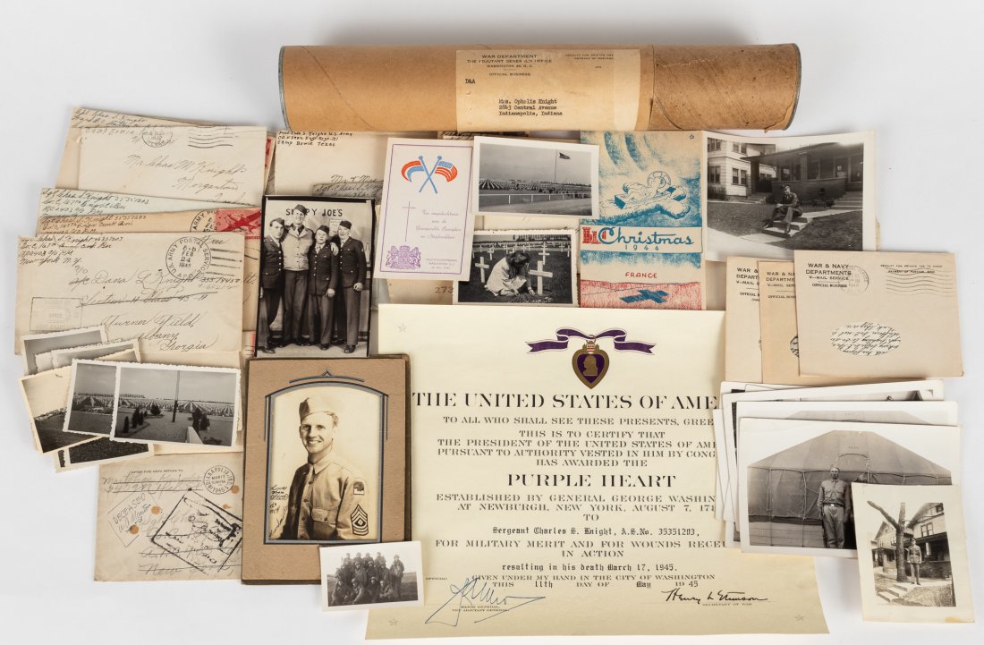 KIA ARMY SOLDIER GROUPING (47): Lot of 47 items about Sgt. Charles S. Knight, army soldier killed in battle. Knight was part of the 3rd Army 167th Engr. Combat Battalion and was KIA on March 17, 1945, likely in the Netherlands. He w