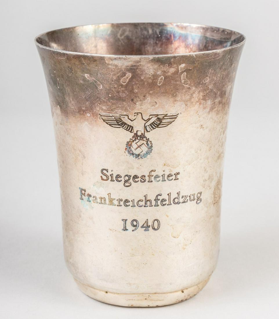 1940 GERMAN VICTORY OVER FRANCE CUP: 1940's trophy cup celebrating the victory of Germany over France, engraved 'Siegesfeier Frankreichfeldzug 1940' (Victory party France Campaign 1940) with a Nazi eagle clutching an oakleaf wreath with 