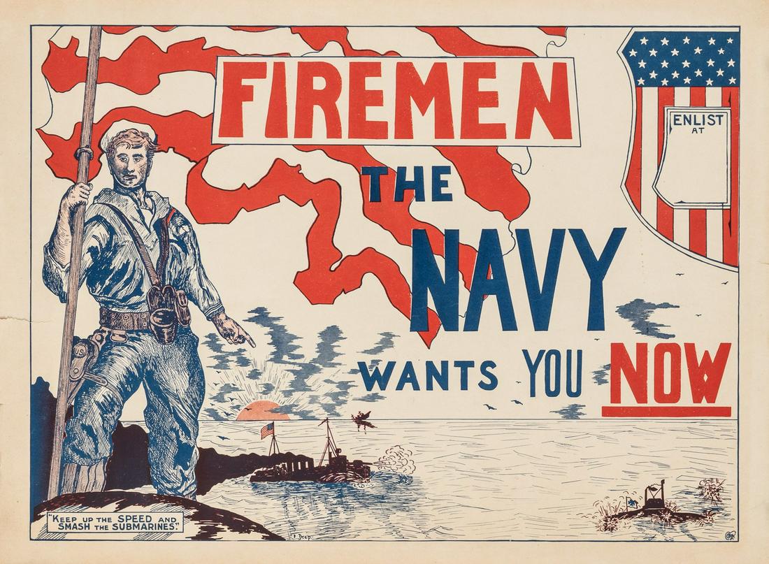 FIREMEN THE NAVY WANTS YOU NOW WWI POSTER (1 of 1)