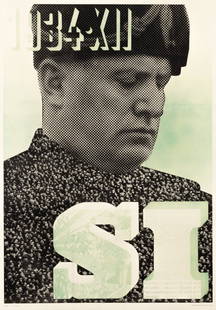 MUSSOLINI 1934 PROPAGANDA POSTER XANTI SCHAWINSKY: 1934 - XII SI - Yes to Mussolini 1934. Rare Italian fascist propaganda poster of Mussolini, insert from the April 1934 issue of Il Revista Illustrata del Popollo magazine, featuring artwork made by