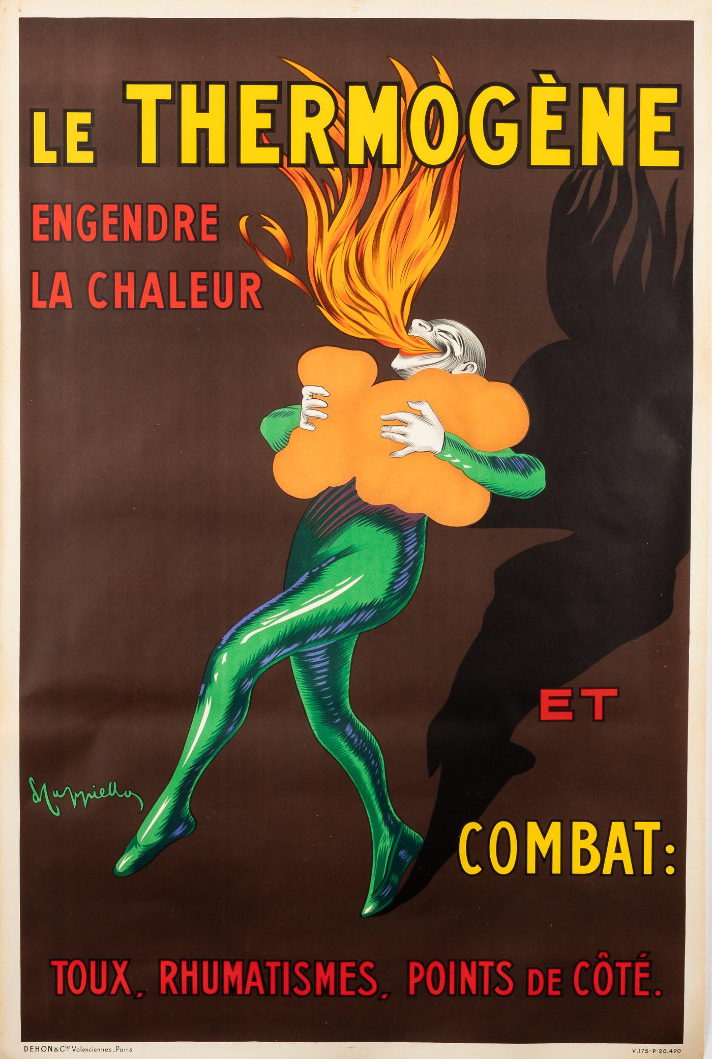 CAPIELLO LE THERMOGENE POSTER: Leonetto Cappiello (1875-1942) 'Le Thermogene - Engendre La Chaleur', Dehon & Cie. Valenciennes - Paris, V. 175-P-20.490, 31.25 x 47 inches. 1-inch tear at bottom edge, else very good.