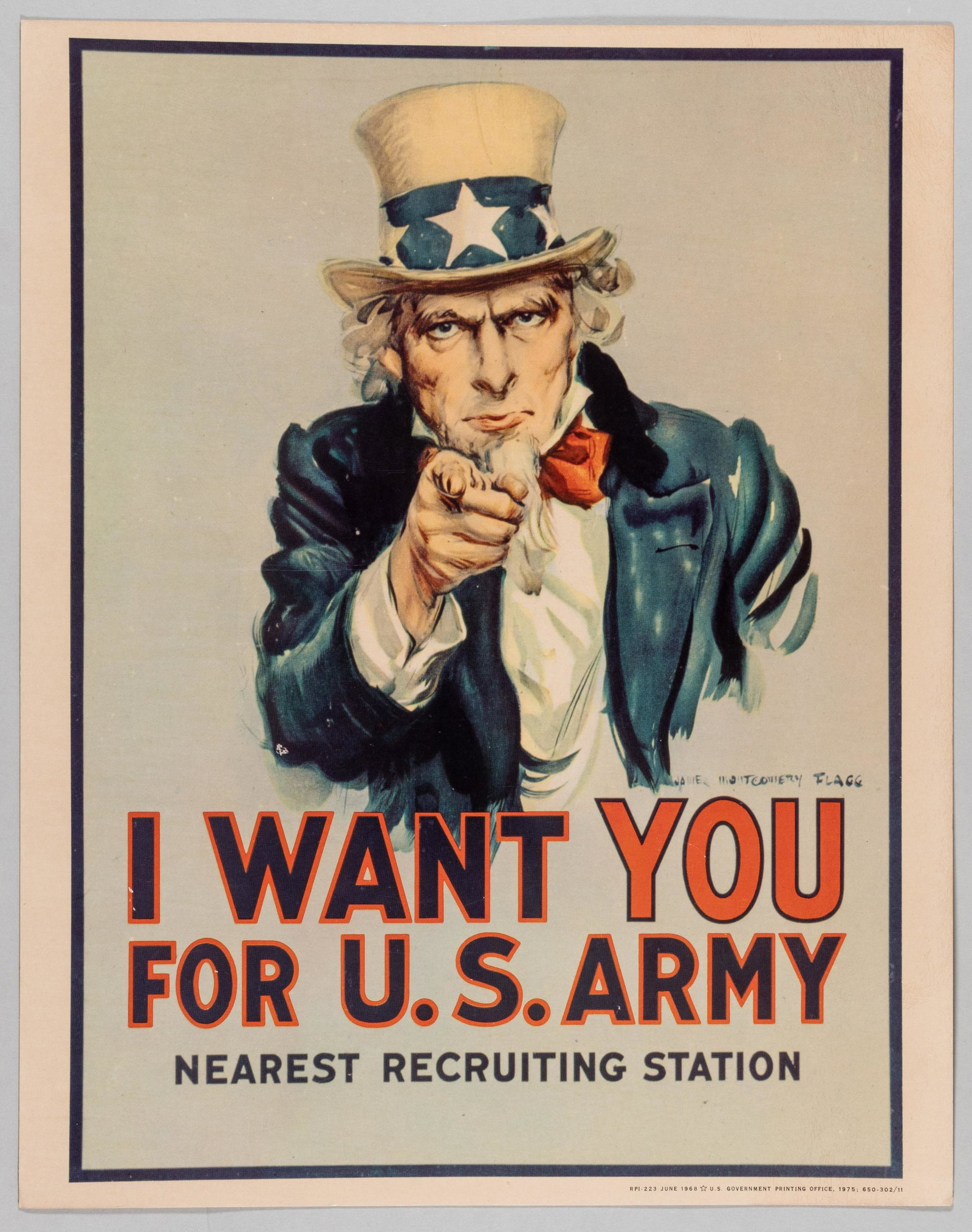 VIETNAM WAR UNCLE SAM I WANT YOU POSTER BY JAMES MONTGOMERY FLAGG: Original Vietnam War Uncle Sam poster 'I Want You for U.S. Army', by James Montgomery Flagg (1877-1960), U.S. Government Printing Office, 1975, 650-302/11, RPI-223 June 1968, 14 x 11 inches.