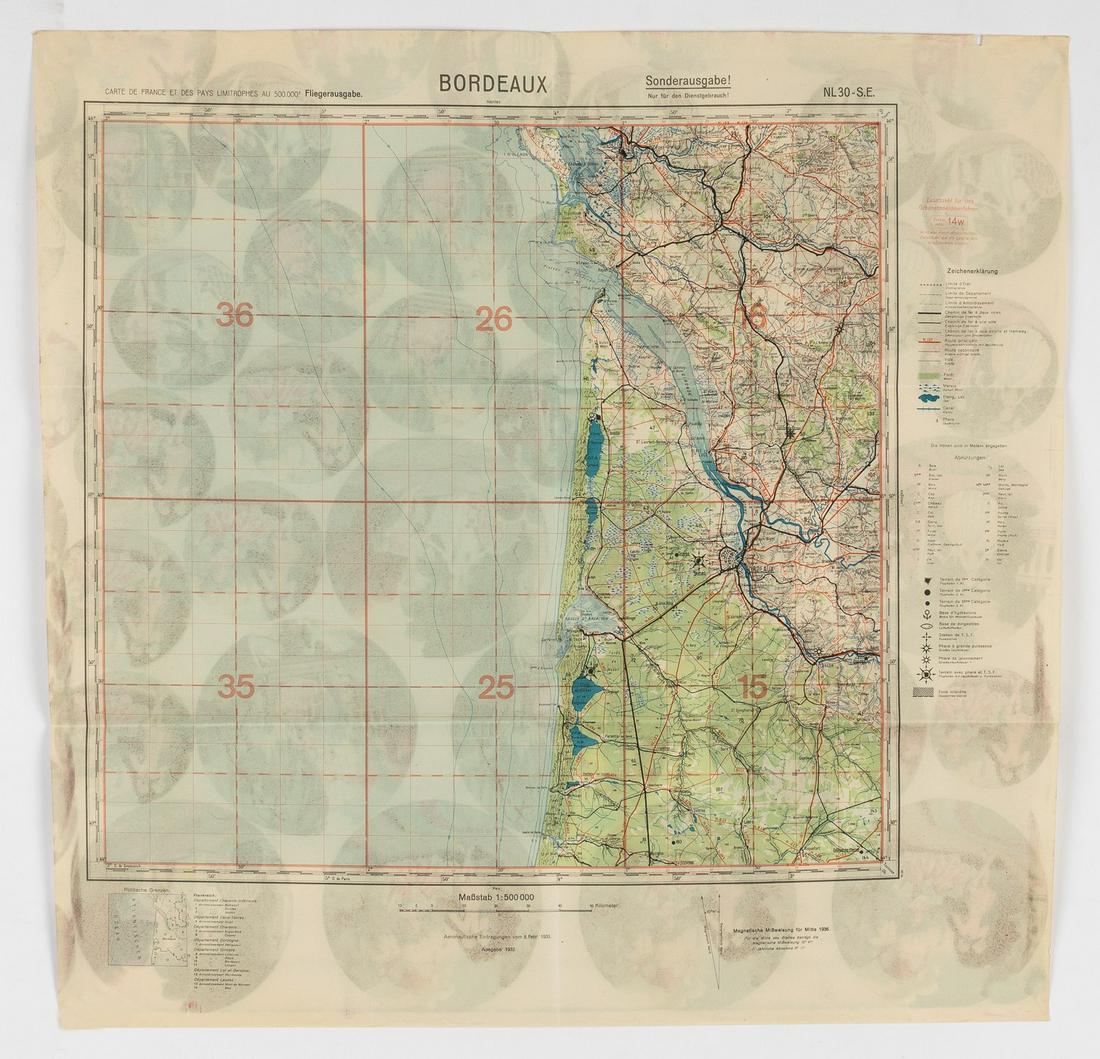 2 WWII GERMAN MAPS OF FRANCE: Unusual pair of two WWII German maps marked Special Edition Only for Offical Service Use, printed in the field on repurposed paper, includes map of Lorient, No. 29, 32 x 22.5 inches. Map folds, chippi