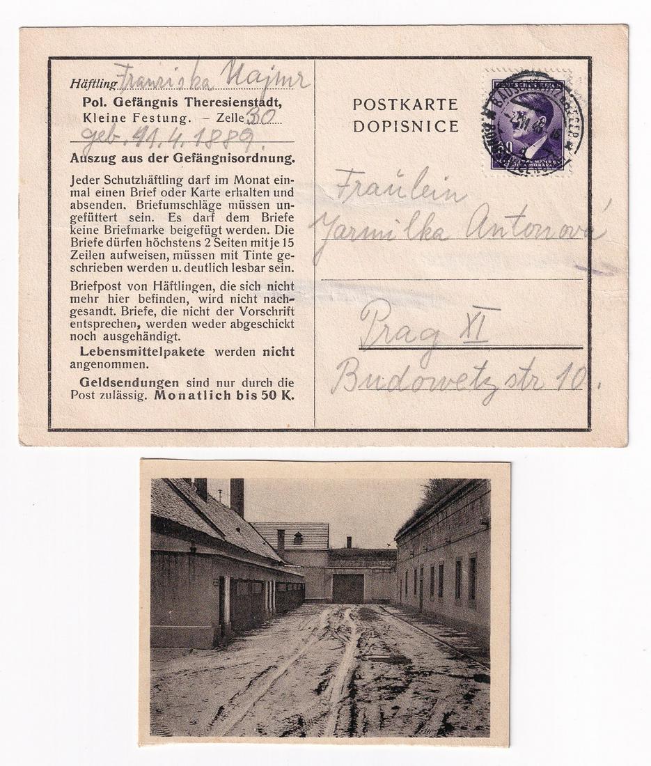 CENSORED FEMALE CONCENTRATION CAMP MAIL: Censored mail sent from Frantiska Najmrova, a prisoner at the Theresienstadt Concentration Camp. Censored letter sent to her daughter dated 1945, with four crossed out censorship marks, 4 x 5.75 inche