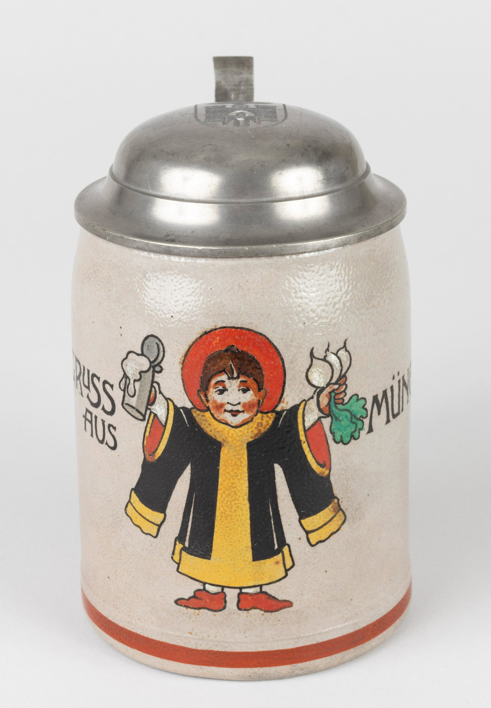 THIRD REICH MUNICH BEER STEIN: Beer stein with, 'Greetings from Munich', featuring the Munich Kindl. Top lid of beer stein shows the Munich Kindl in front of the Munich gate with a Nazi eagle emblem overhead. Marked near handle, '0