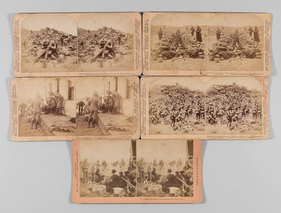 5 BOER WAR STEREO CARDS: Lot of five stereo cards showing soldiers of the Second Boer War, Field Marshal Frederick Roberts, and Red Cross nurses in South Africa. Some cards are published by B.W. Kilburn and Underwood & Underw