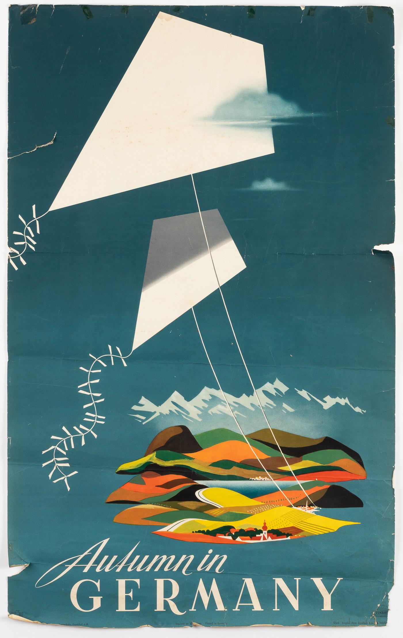 AUTUMN IN GERMANY TRAVEL POSTER ALFRED ECKART: Travel poster, 'Autumn in Germany', artwork by Alfred Eckart (1908-1998), German Center for Tourism, Graphia Hans Gundlach, 39 x 24.25 inches. 3.5-inch and 1.5-inch tears on left edge, 1.75-inch tear 
