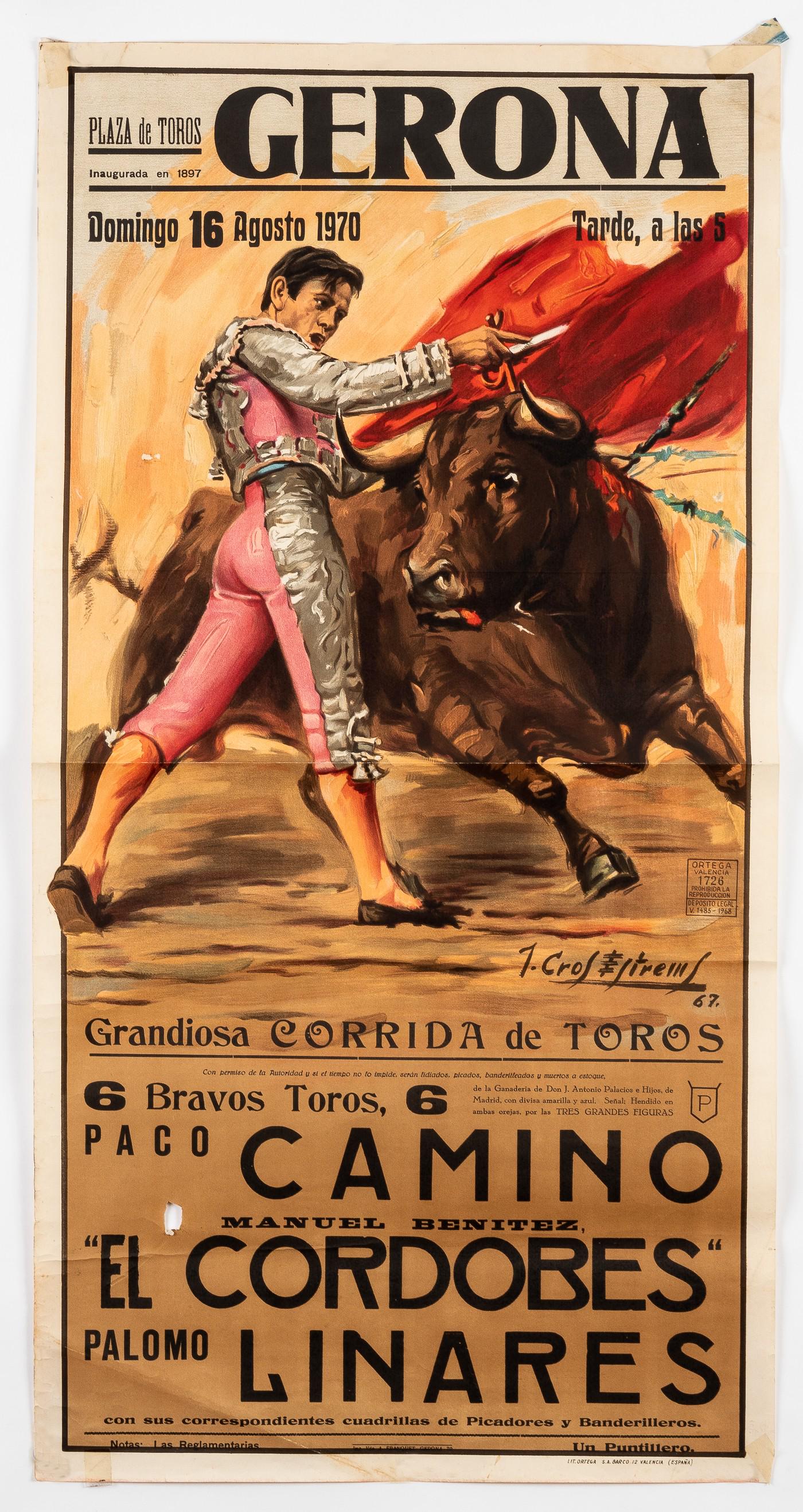 1970 SPANISH BULLFIGHTING POSTER: Spanish poster advertising a bullfight at Plaza Del Toros in Gerona, August 1970, featuring bullfighter Manuel Benitez, Lit. Ortega S.A. Barco, Valencia, 41.5 x 21.25 inches. Two horizontal folds, hol