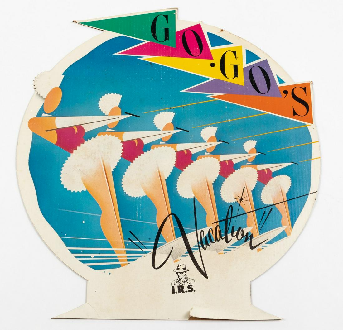 THE GOGO'S VACATION ALBUM ADVERTISING POSTER: Advertising poster board for The GoGo's album 'Vacation', released in 1982 by I.R.S. Records, 26.25 x 24 inches. Slight soiling, 1-inch tear at bottom margin, slight separation at bottom right, and mi